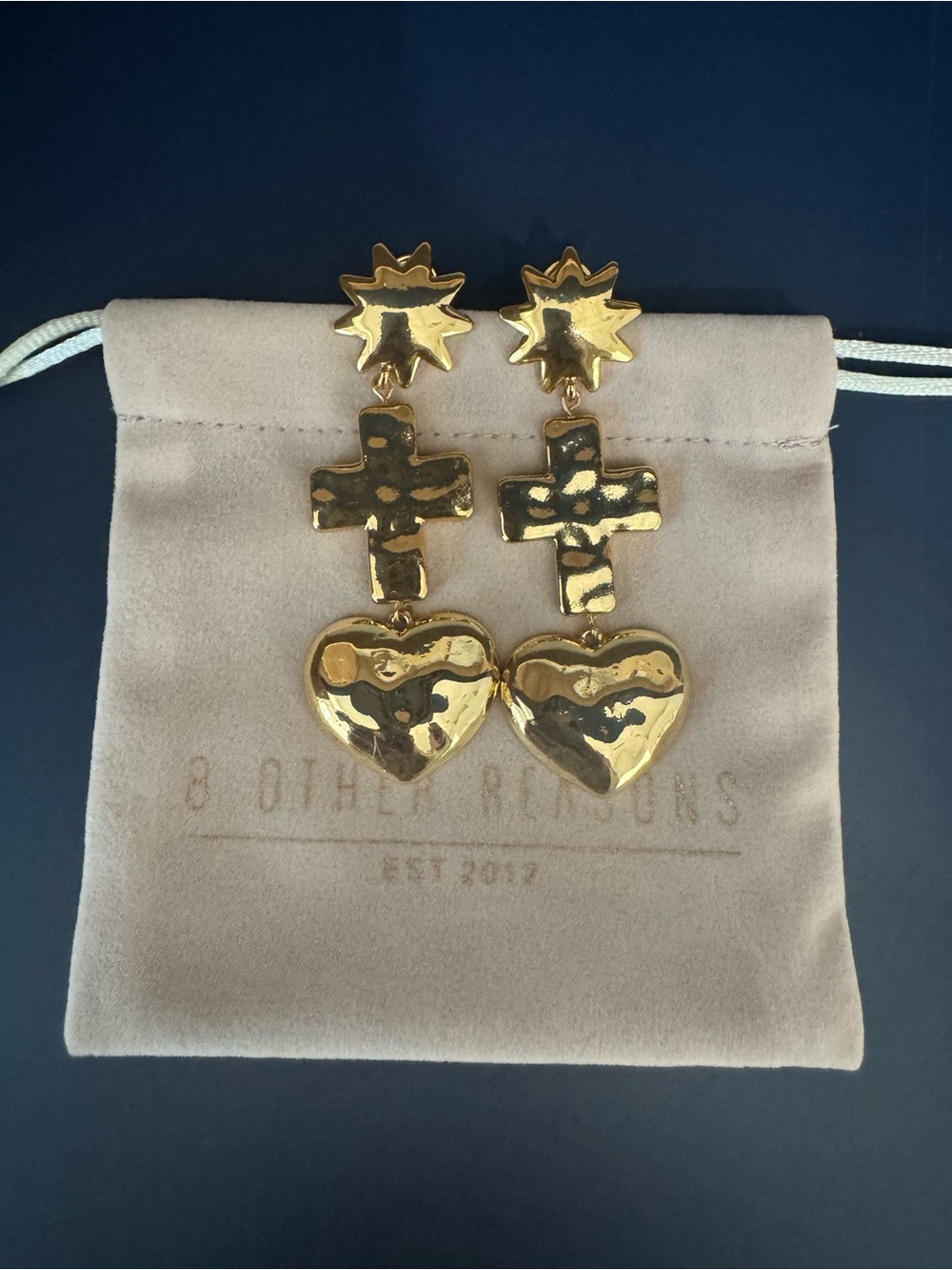 8 Other Reasons Shiny Gold Heart and Cross Drop Earrings